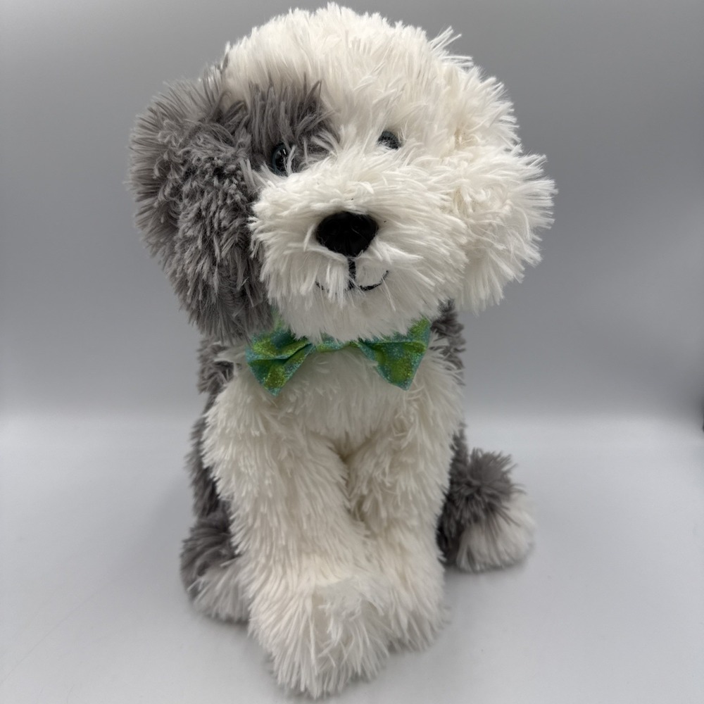 FAO Schwarz Plush Sheepdog 12" Sparklers Toy With Green Bow Tie